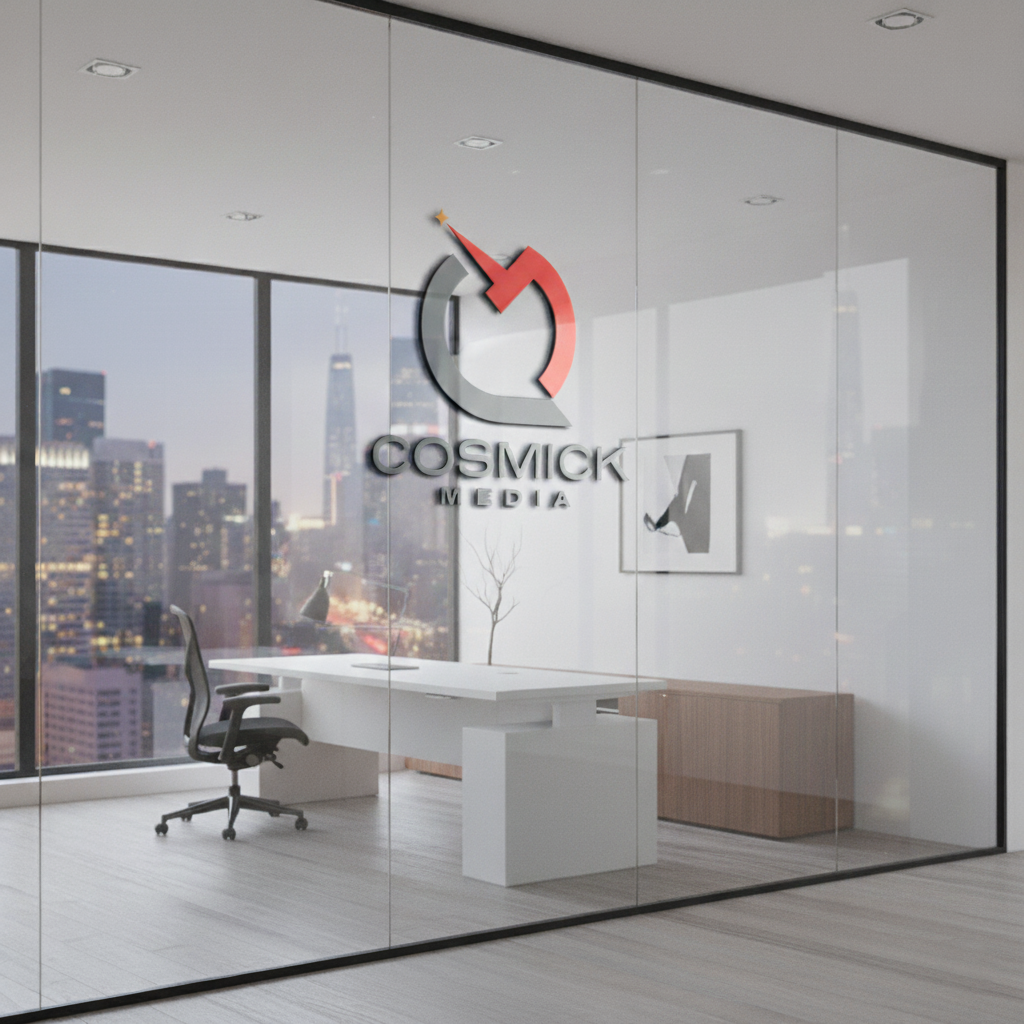 Cosmick Media team collaborating in modern office workspace