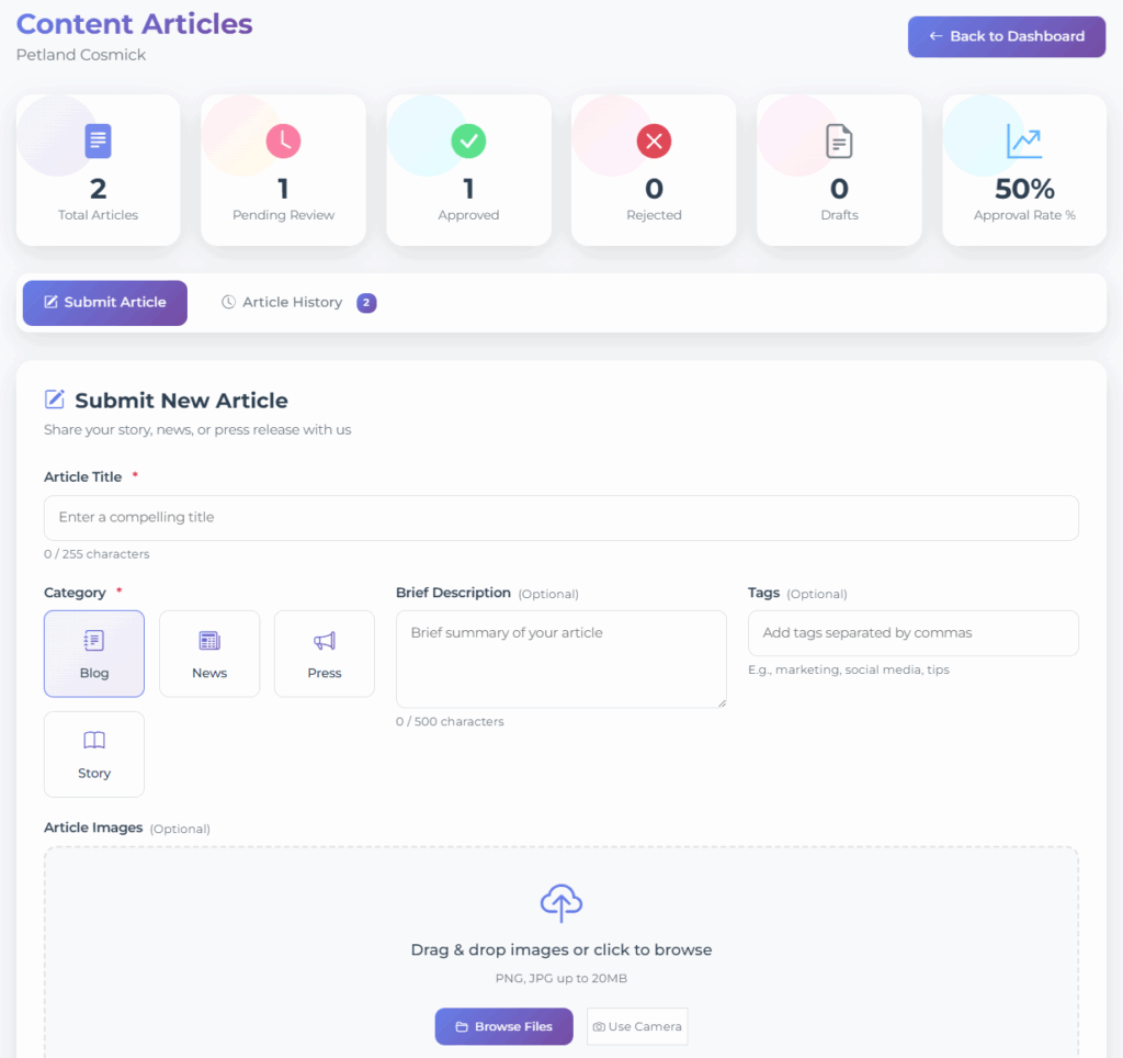 The Media Hub dashboard, feauturing client article submission tool in an all-in-one portal for managing client content, scheduling, and marketing performance.