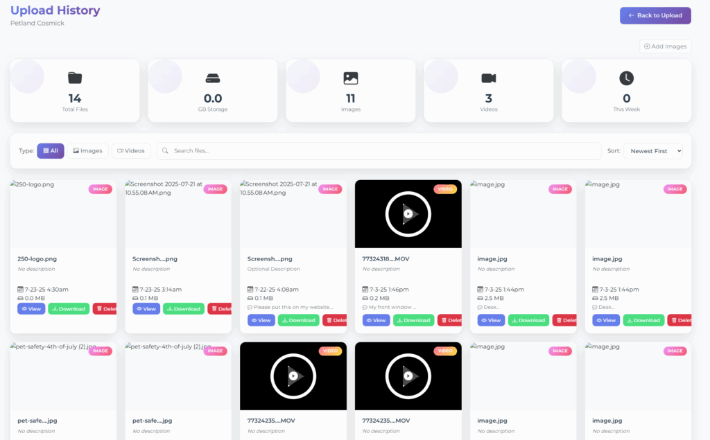 The Media Hub dashboard, feauturing client upload history in an all-in-one portal for managing client content, scheduling, and marketing performance.