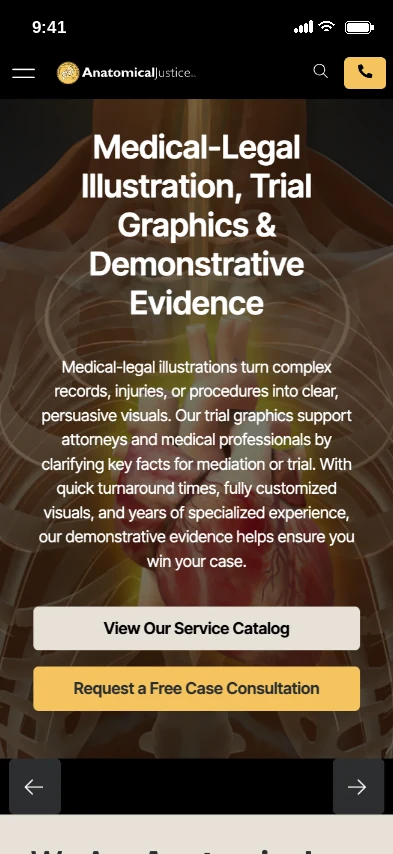 Anatomical Justice website homepage on a phone