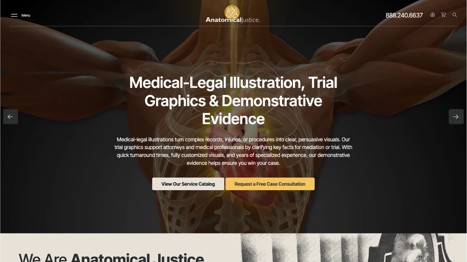 Anatomical Justice website homepage on desktop