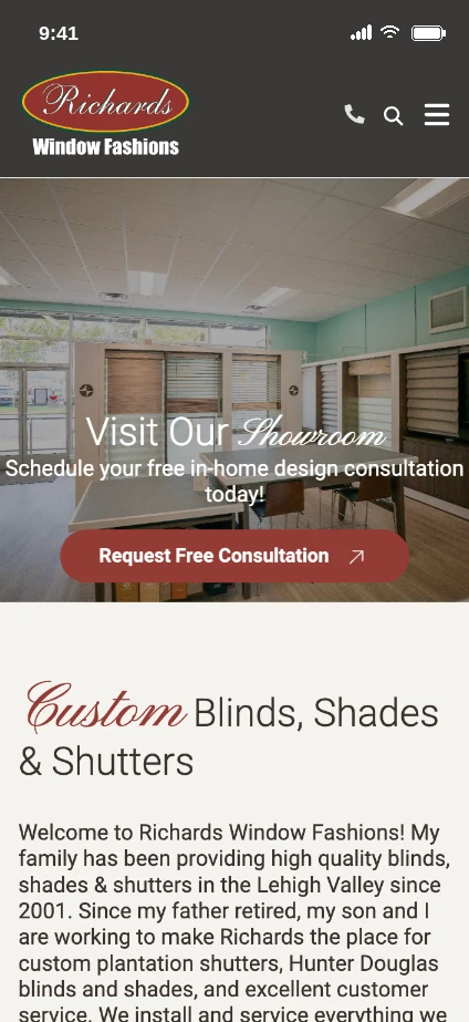 Blinds by Richards website shown on a phone