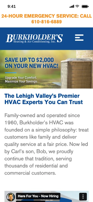 Burkholder's Heating & Air Conditioning website homepage on a phone