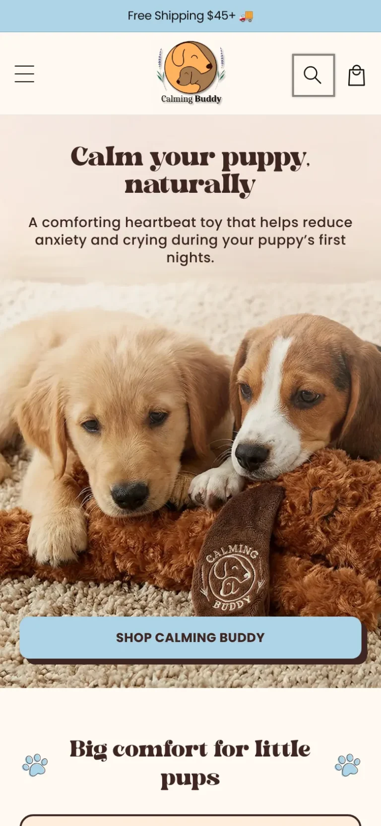 Calming Buddy website shown on a phone