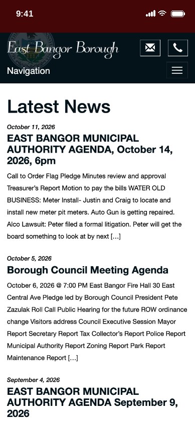 East Bangor Borough latest news and meeting agendas shown on a phone