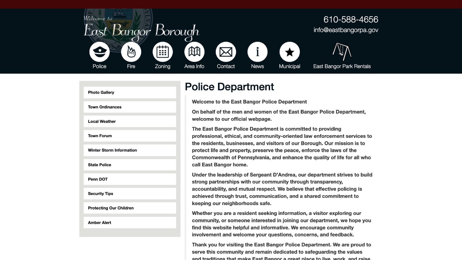 East Bangor Borough municipal website design: police Department page on the East Bangor Borough municipal website