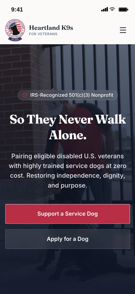 Heartland K9s website shown on a phone