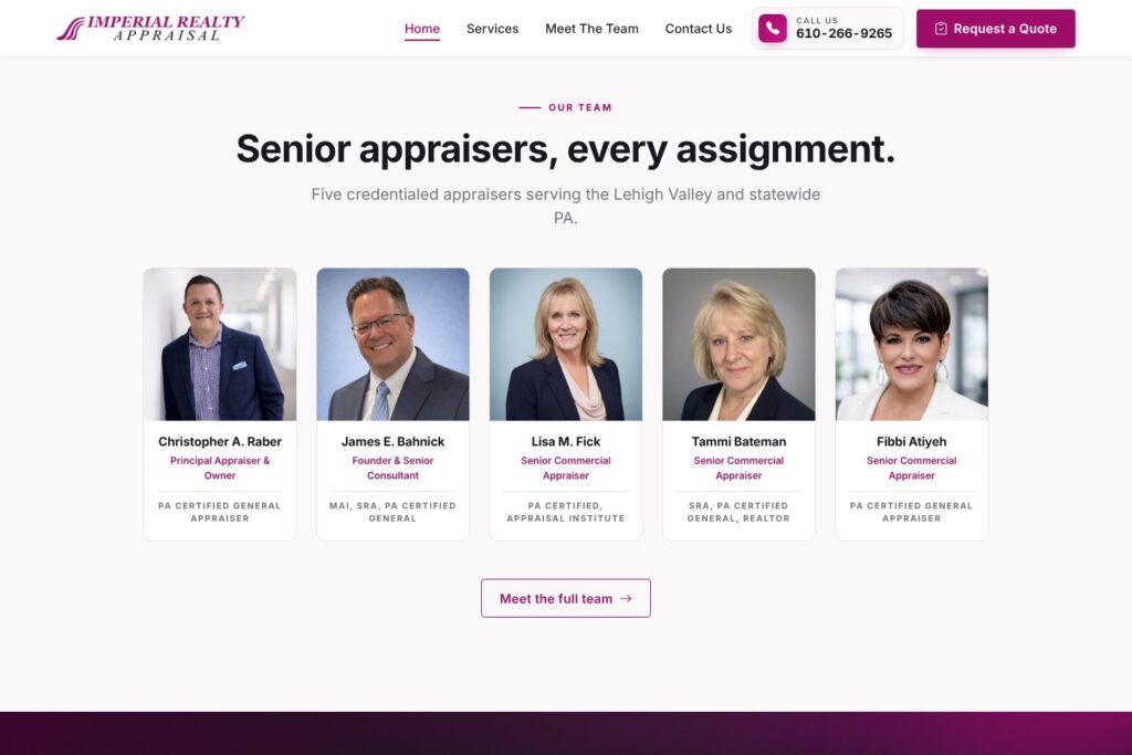 Senior appraiser team section on the Imperial Realty Appraisal homepage