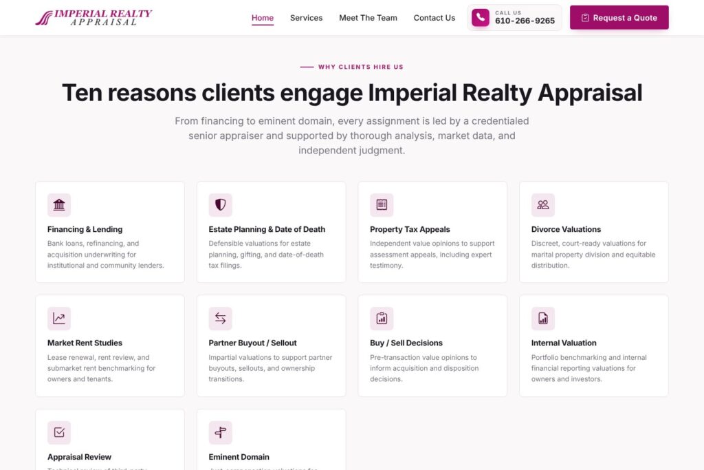 Ten engagement types for commercial appraisals on the Imperial Realty Appraisal website, from financing to eminent domain