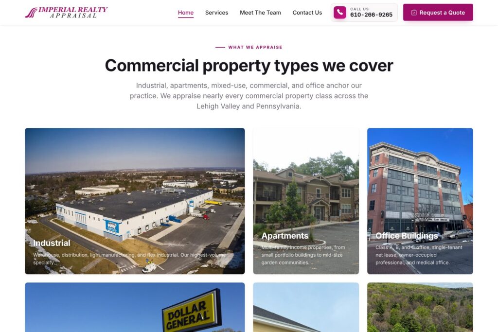 Commercial property types section on the Imperial Realty Appraisal website with industrial, apartment and office photos