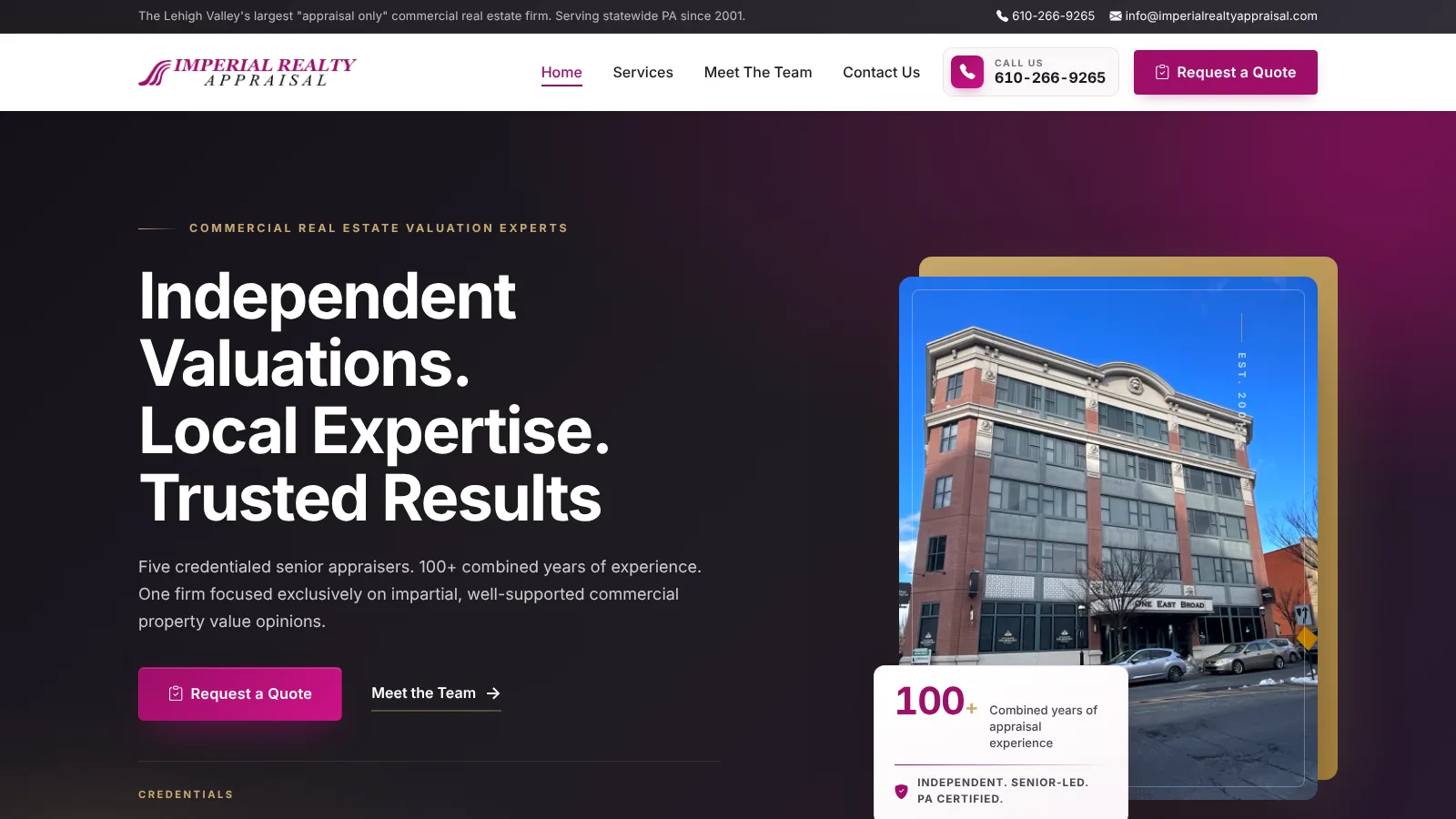 Imperial Realty Appraisal commercial real estate appraiser website homepage on desktop, designed by Cosmick Media
