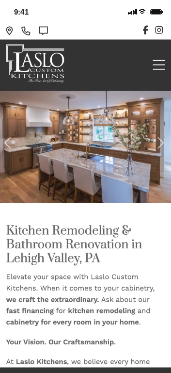 laslo-kitchens website homepage on a phone