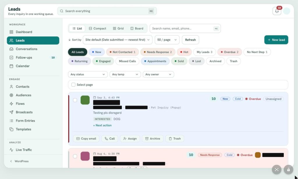 LeadFlow Leads: List View and Status Filters