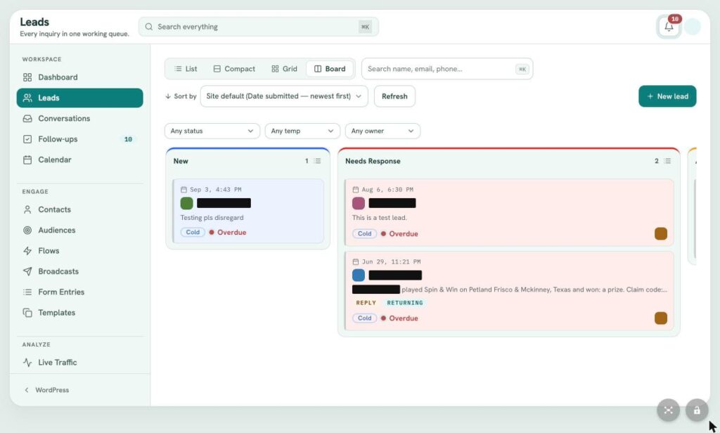 LeadFlow Leads: Board (Kanban) View