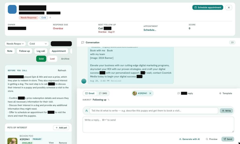 LeadFlow Lead Record: Header, AI Before You Call, Pets of Interest, Conversation