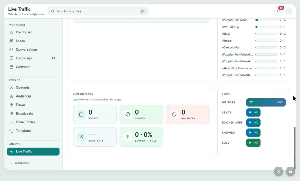 LeadFlow Live Traffic: Top Pages, Appointments and Funnel
