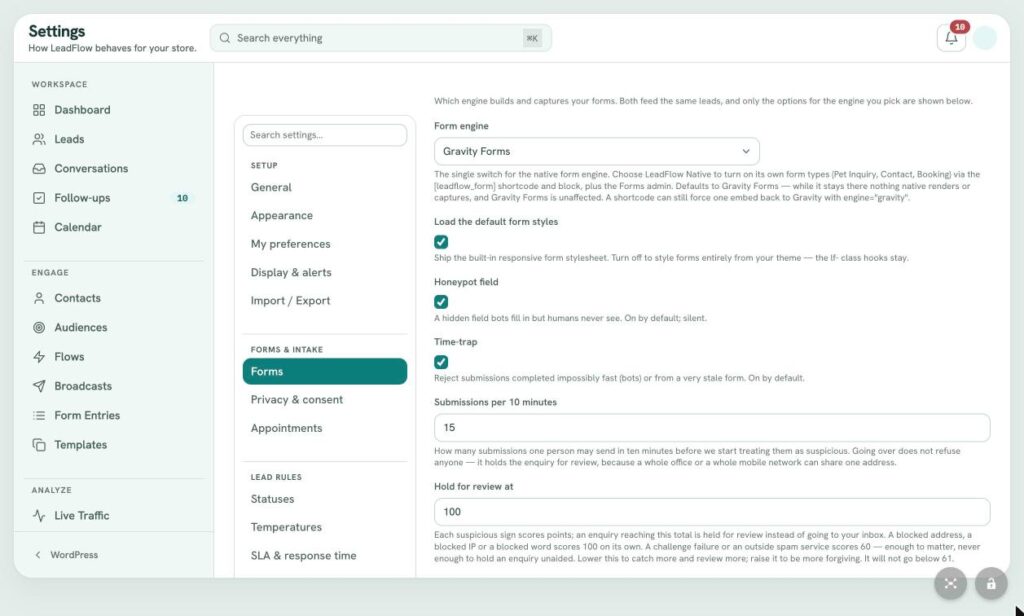 LeadFlow Settings: Forms (Engine and Spam Protection)