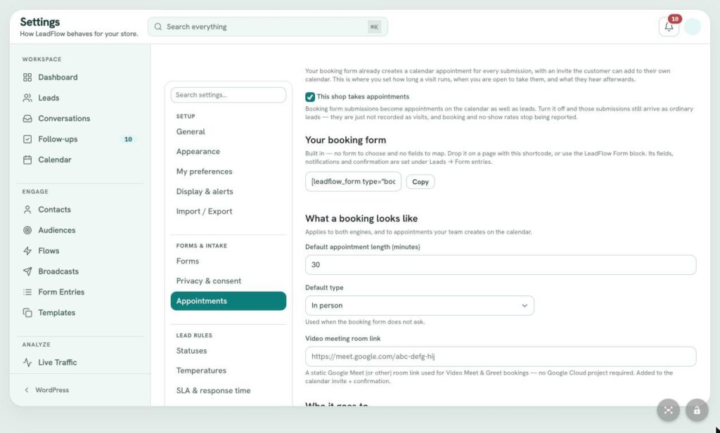LeadFlow Settings: Appointments