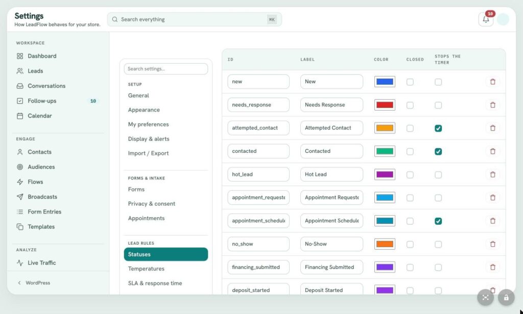LeadFlow Settings: Lead Statuses