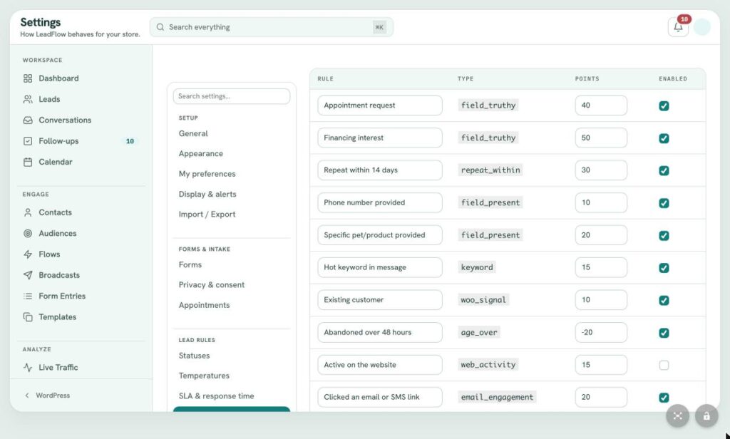 LeadFlow Settings: Lead Scoring Rules