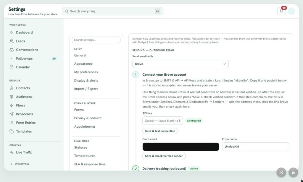 LeadFlow Settings: Connect Email (Brevo and Mailgun)