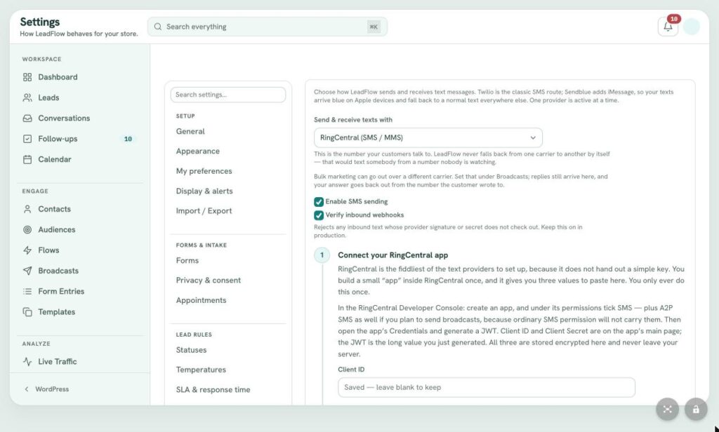 LeadFlow Settings: Messaging (RingCentral SMS)