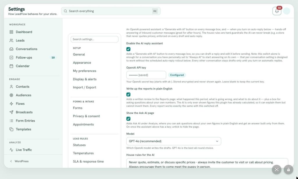 LeadFlow Settings: AI Assistant (OpenAI)