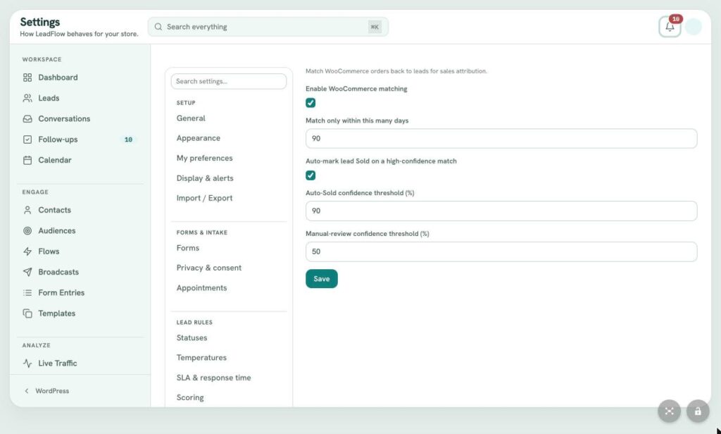 LeadFlow Settings: WooCommerce Sales Matching