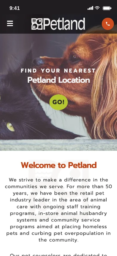 Petland website homepage on a phone