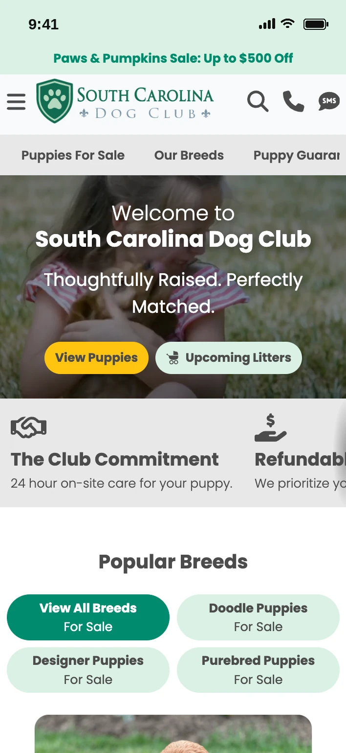 South Carolina Dog Club website shown on a phone