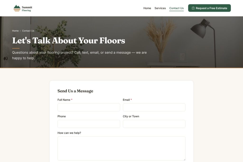Summit Flooring contact page with message form