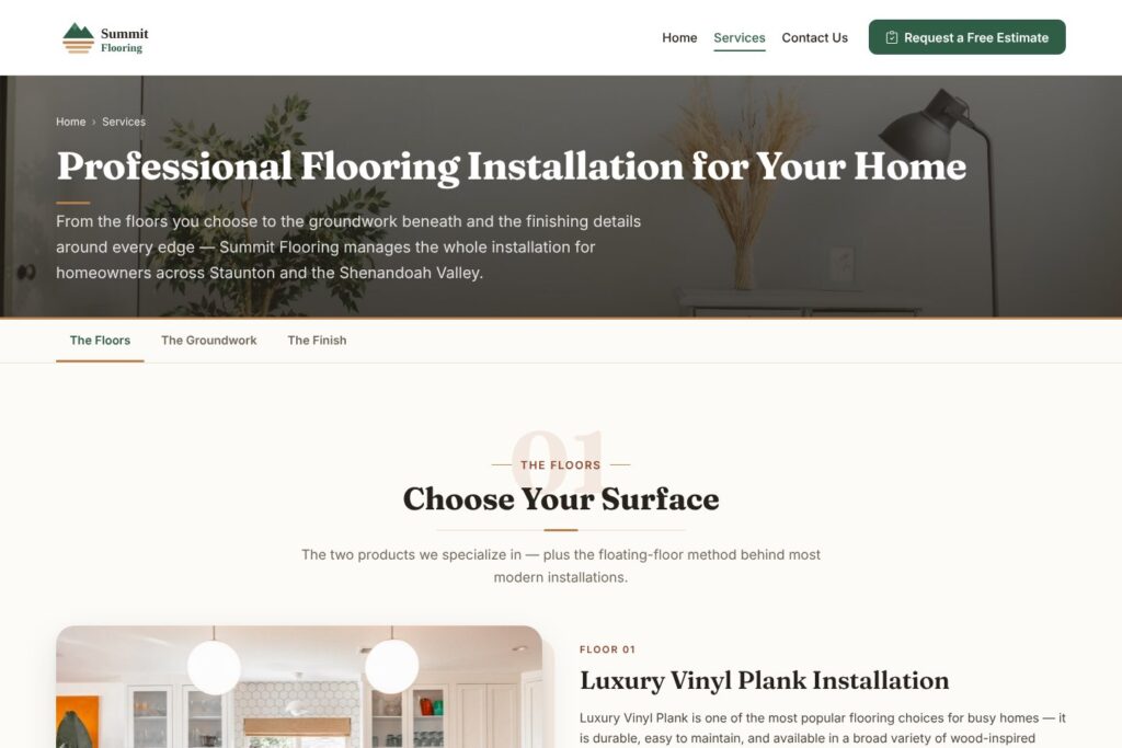 Summit Flooring services page for Luxury Vinyl Plank and laminate flooring installation