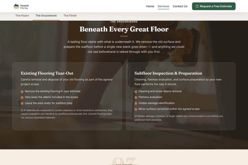 Flooring tear-out and subfloor preparation section on the Summit Flooring services page