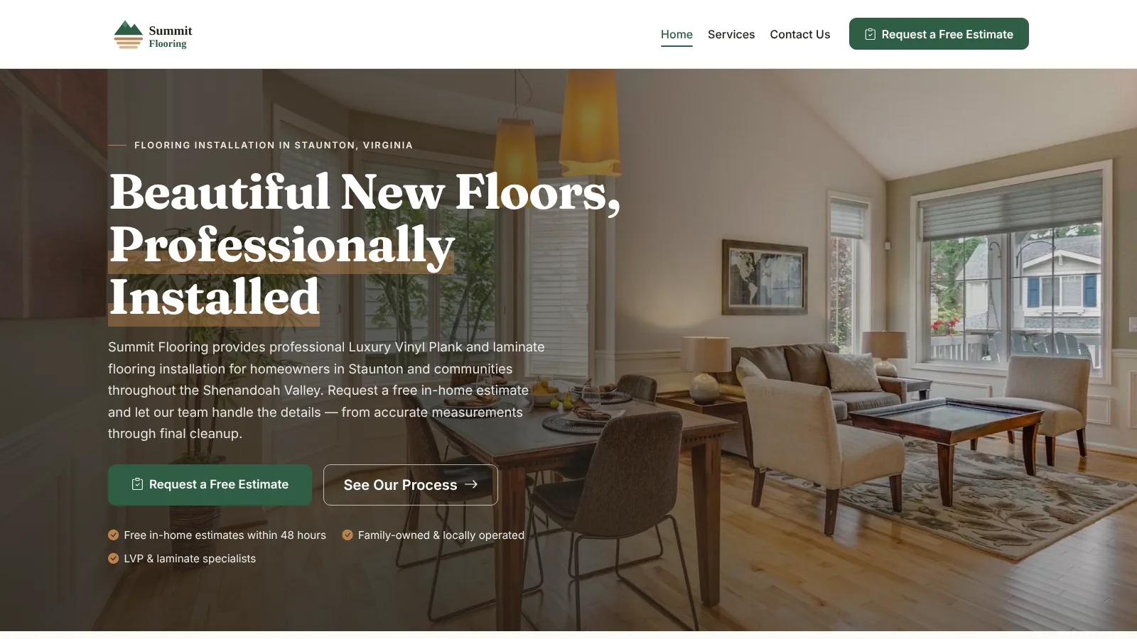 Summit Flooring installation website homepage on desktop, designed by Cosmick Media