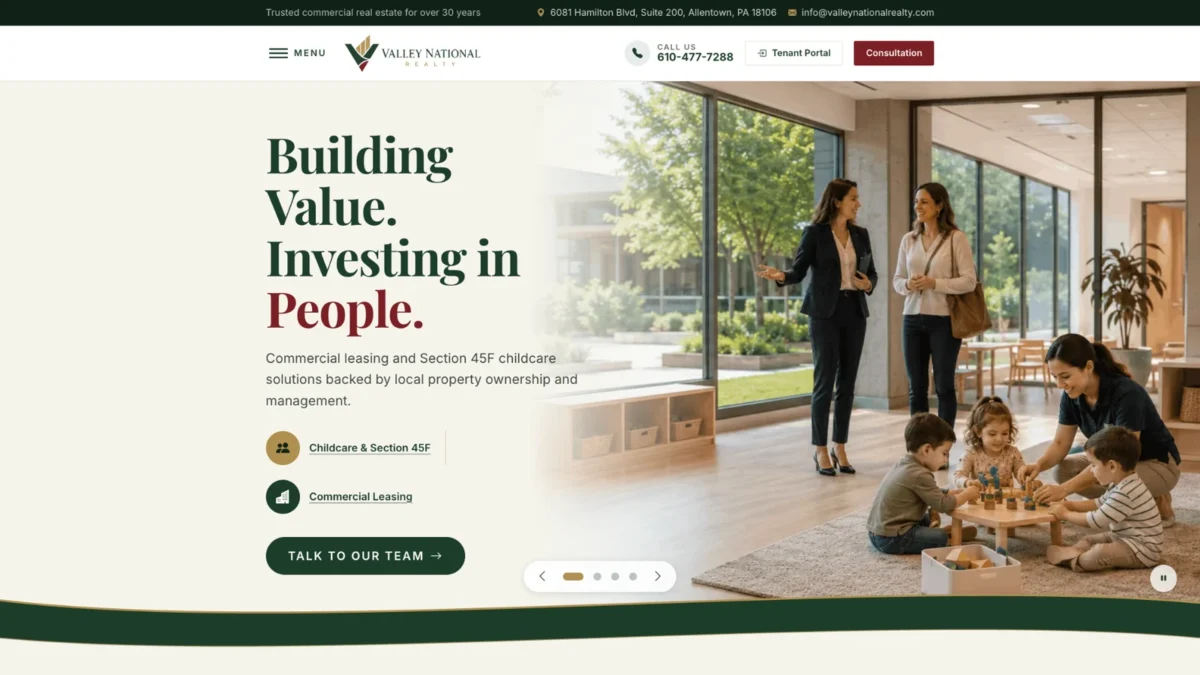 Valley National Realty commercial real estate website homepage on desktop, designed by Cosmick Media